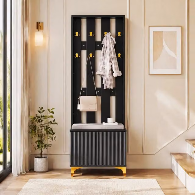 Guardaroba moderno Qavryl con panca porta scarpe e dettagli oro, colori nero, grigio e oro, H: 180.5 cm, L: 60.5 cm, P: 35.2 cm
