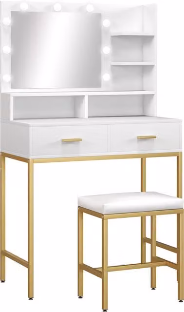 Mobile Toeletta HOMCOM con Specchio, 2 Cassetti, 5 Ripiani e Sgabello, Bianco, L 80 cm x P 40 cm x H 138 cm
