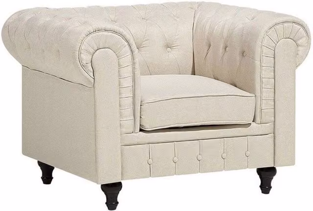 Poltrona Chesterfield Beliani in Tessuto Beige con Gambe in Legno Oliato L: 110 cm, P: 75 cm, H: 70 cm