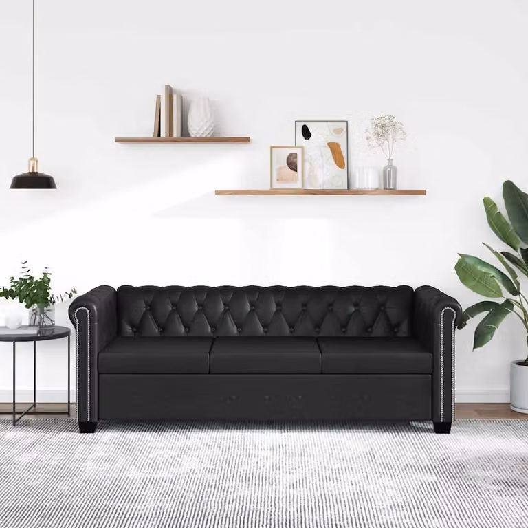 vidaXL Divano Chesterfield a 3 Posti in Finta Pelle Nero con Struttura in Legno Massiccio