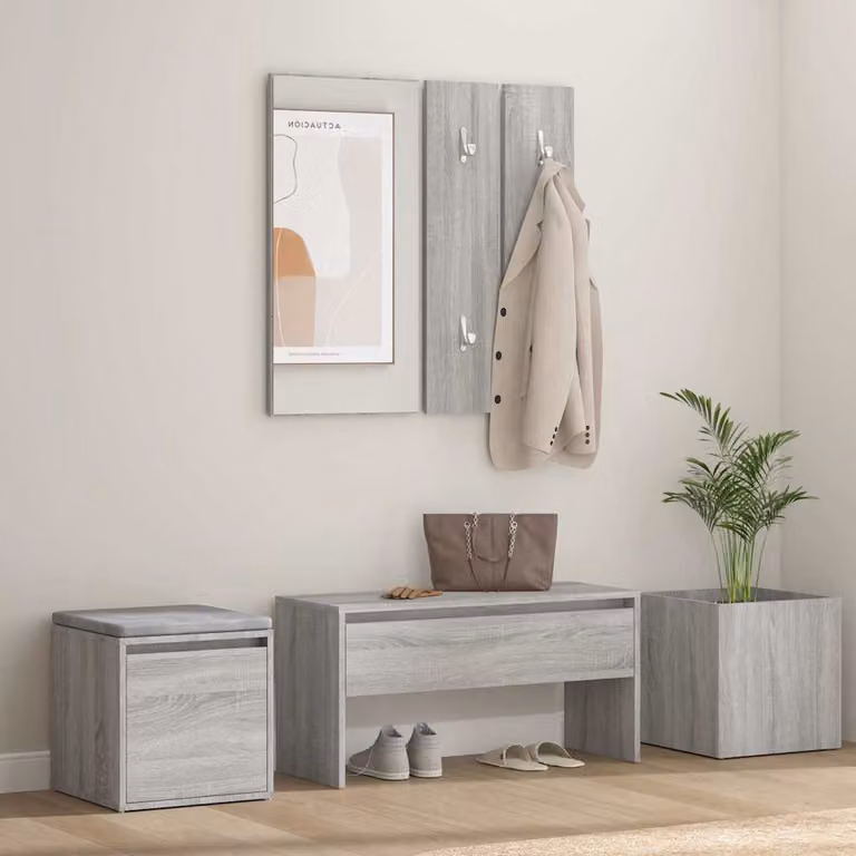 vidaXL Set di Mobili da Corridoio Moderno Grigio con Specchio, Panca e Scarpiera