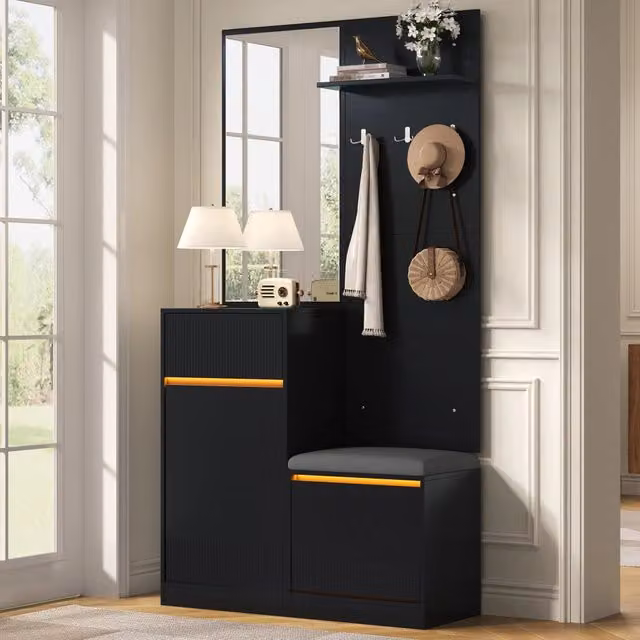 Set di mobili da ingresso MIVRAY con scarpiera, panca, specchio LED e pannello 3D nero L/P/H: 105 x 38 x 190 cm