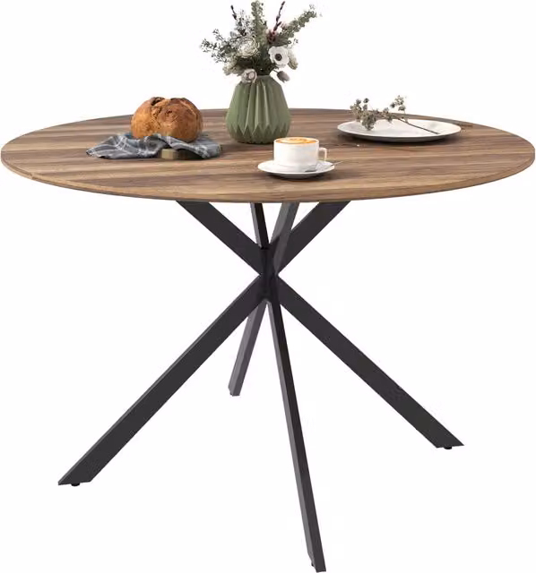 Tavolo da Pranzo Rotondo Minimal per 4 Persone con Struttura in Acciaio e Piano in MDF Laminato, Marrone Scuro, Diametro: 120 cm, Altezza: 75 cm