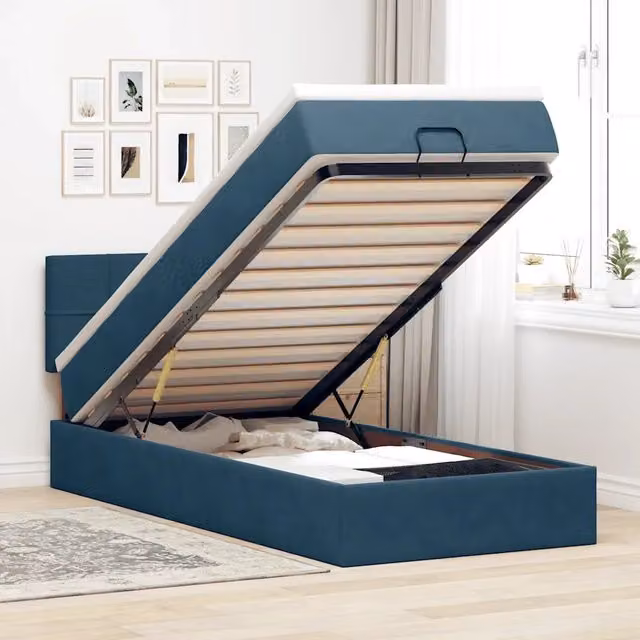 Letto con contenitore a sollevamento e materasso vidaXL in velluto blu, L: 90 cm, P: 193 cm, H: 88 cm
