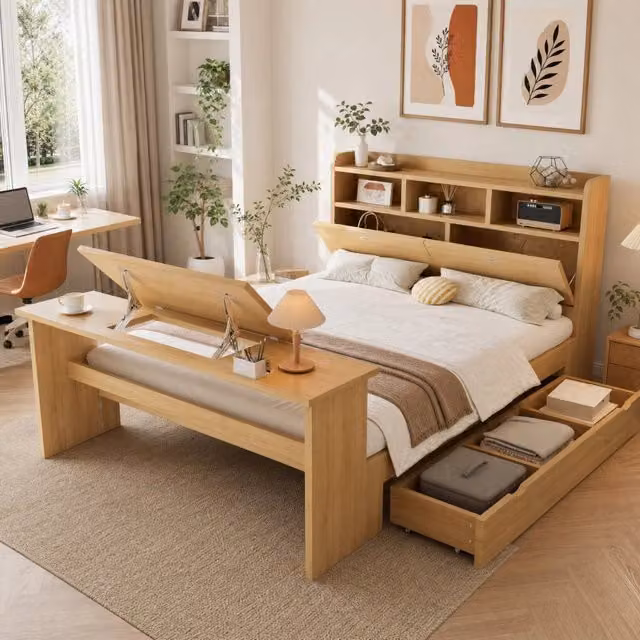 Letto Singolo REDOM in Legno Naturale Marrone con Ripiani Laterali L/P/H: 200 x 140 cm