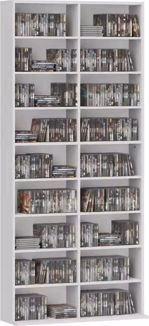 Libreria Minimal per DVD e CD in MDF con 14 ripiani regolabili e 18 scomparti, colore bianco, H: 175 cm