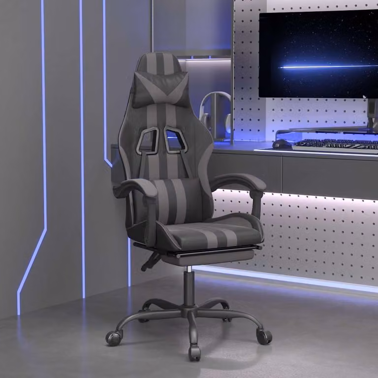 Sedia da Gaming Girevole vidaXL in Similpelle Nero e Grigio con Poggiapiedi e Braccioli