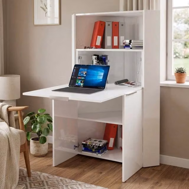 DMORA Scrivania a secretaire moderna con piano ribaltabile Bianco Lucido L 70 cm, P 35 cm, H 140 cm