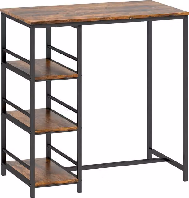 Tavolo da bar alto HOMCOM con 3 ripiani di stoccaggio e telaio in acciaio, Marrone Rustico e Nero, L: 90 cm, P: 50 cm, H: 90,5 cm