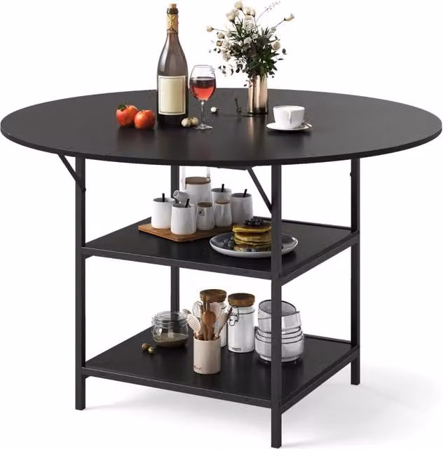 Tavolo da pranzo rotondo Design Mania in stile rustico con ripiano a due livelli, colore nero e marrone, Diametro: 120 cm