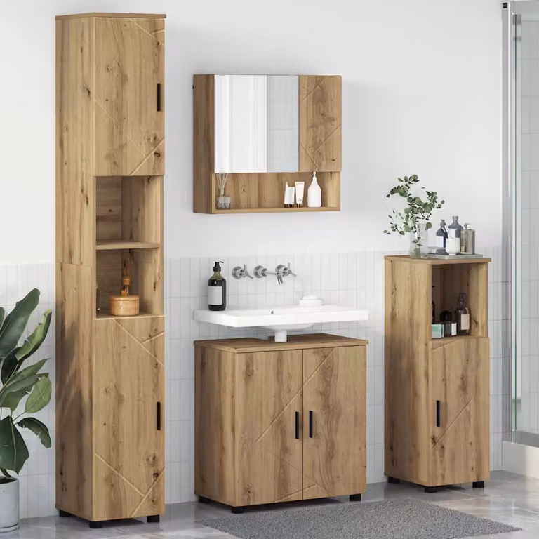 Set di mobili per il bagno vidaXL 4 pezzi in rovere marrone con mobile lavabo, pensile specchio, colonna alta e mobile laterale in stile minimalista