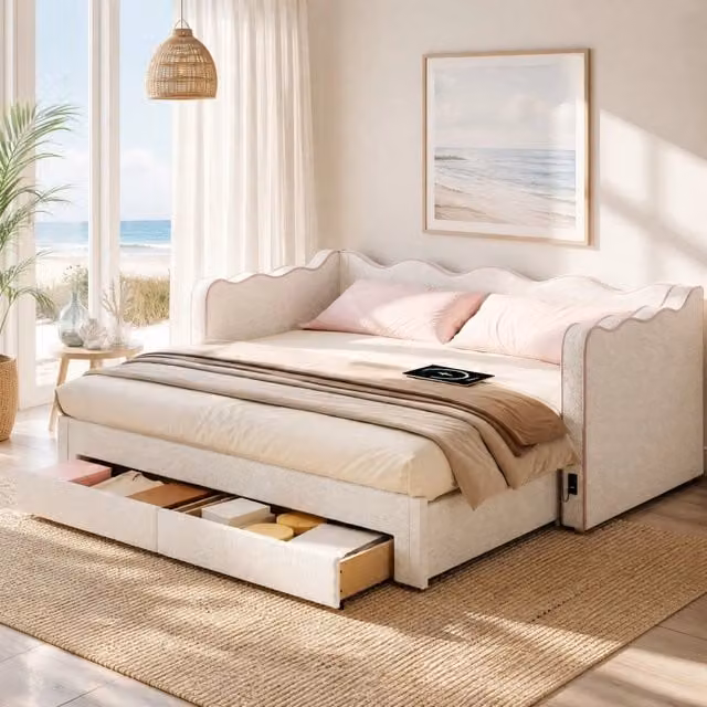 Letto daybed estraibile con cassetti e porte di ricarica USB e Type-C in tessuto bouclé beige, L/P: 90 x 200 cm