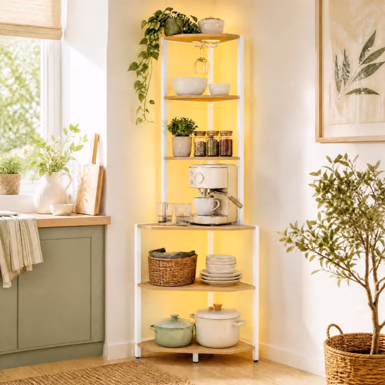 Scaffale angolare Costway con 6 ripiani regolabili e illuminazione LED integrata, mobile multiuso per cucina, soggiorno o camera da letto, Altezza: 165 cm