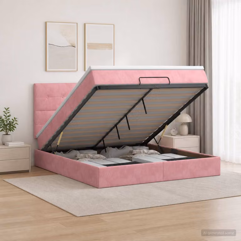 Letto ottomano con materasso vidaXL in velluto rosa, con contenitore a sollevamento e struttura in legno e metallo, L 140 x P 190 cm