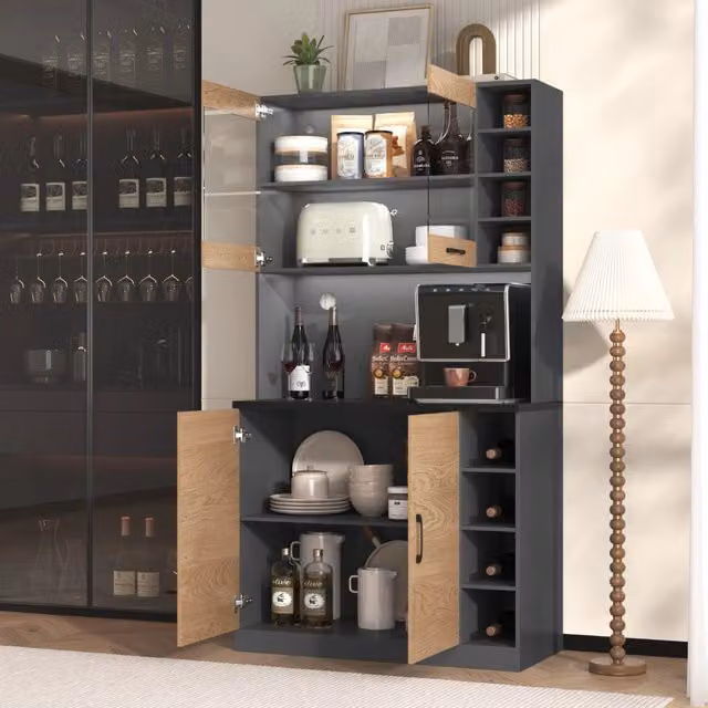 Mobile colonna da cucina Mivray grigio con illuminazione integrata, ante in vetro e ripiani interni, L/P/H: 100 x 47 x 187 cm