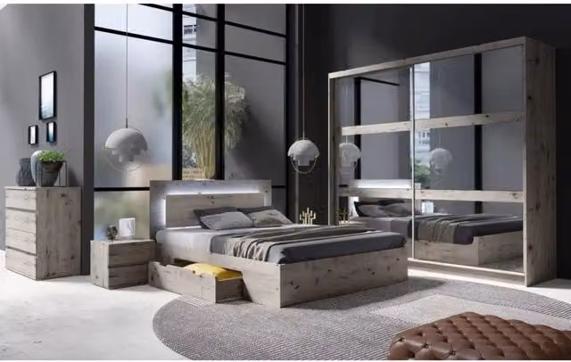 Camera completa VELTIS Meublorama in Rovere Wellington con letto LED 160x200 cm, armadio, cassettiera e comodini