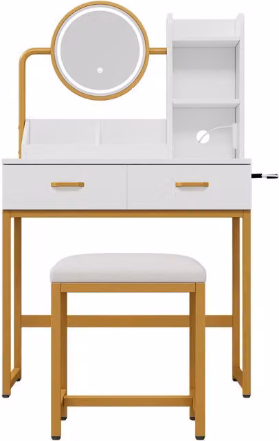 Toeletta moderna con illuminazione a LED e top rotante, Bianco e Oro, RN Store