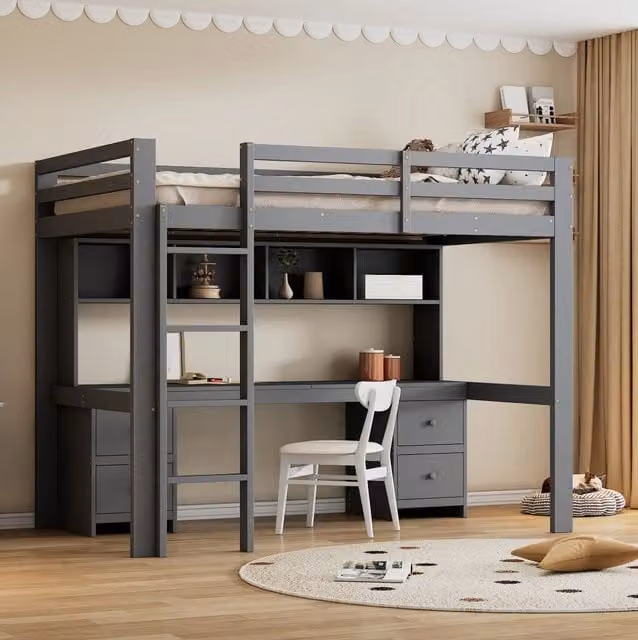 Letto a soppalco singolo moderno grigio con scrivania e cassetti in legno e MDF L/P/H: 200 x 90 x 167 cm