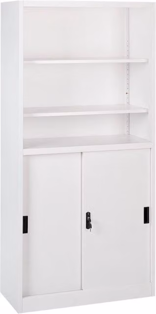 Armadietto Beliani moderno con ante scorrevoli e scaffale aperto, bianco opaco, con serratura e ripiani regolabili, L: 90 cm, P: 40 cm, H: 185 cm
