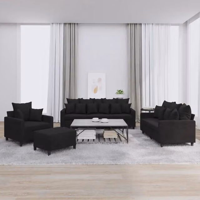 Set di divani moderno vidaXL in velluto nero composto da divano a 3 posti, divano a 2 posti, pouf e cuscini per il tuo soggiorno