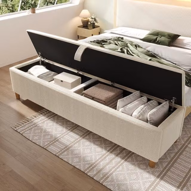 Panca fondo letto con vano contenitore idraulico Mivray in tessuto a coste beige con gambe in legno L: 145 cm, P: 46 cm, H: 38 cm