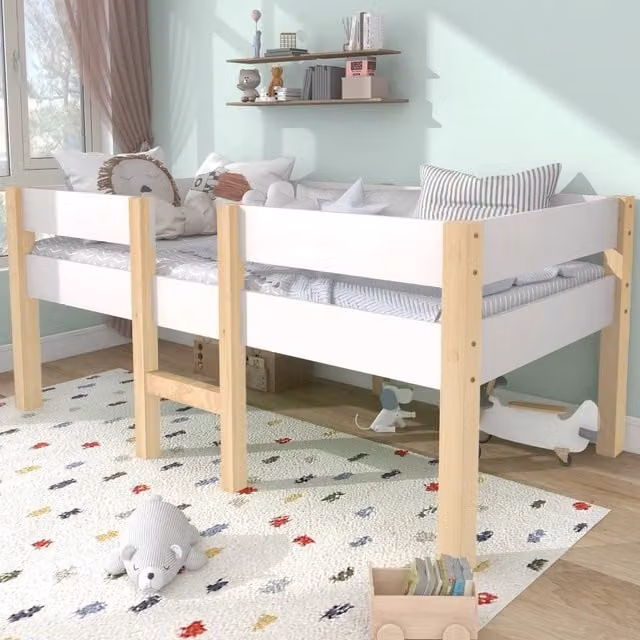 Letto per bambini Zephmum in legno di pino con protezione anti caduta, stile scandinavo, Bianco e Quercia, L/P/H: 190 x 90 x 77 cm