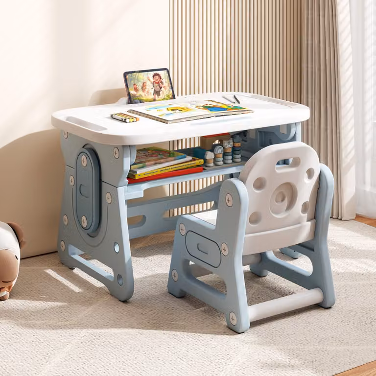 Set tavolo e sedia Costway per bambini con piano inclinabile e altezza regolabile, Blu e Bianco