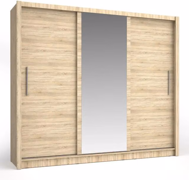 Armadio OZZULA MEUBLORAMA con 3 ante scorrevoli e specchio in rovere, L: 248 cm, H: 215 cm, P: 61,6 cm