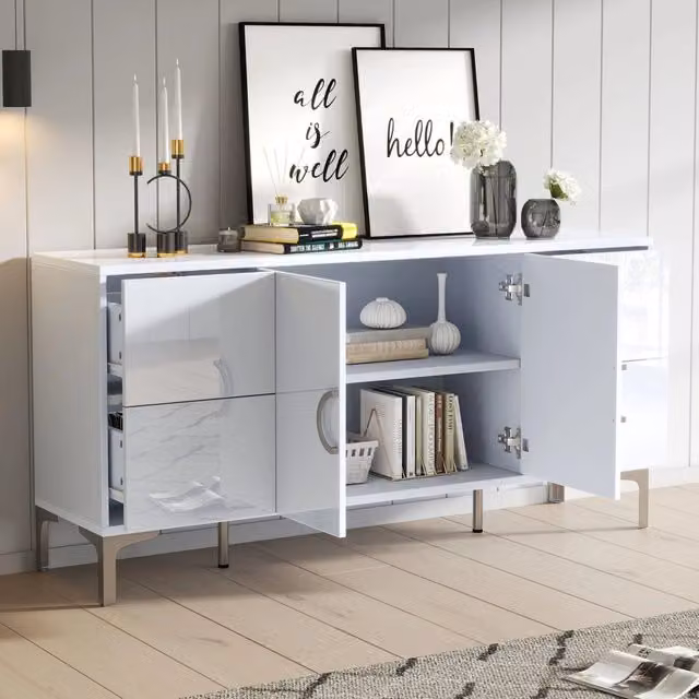 Sideboard WISHDOR bianco lucido con 4 cassetti e 2 ante in MDF e metallo L/P/H: 150 x 35,2 x 59,5 cm