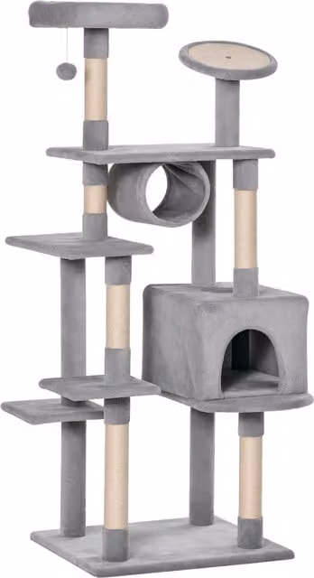 Tiragraffi per gatti a più livelli Aosom con pali in sisal e rivestimento in peluche, Altezza: 165 cm, Grigio Chiaro