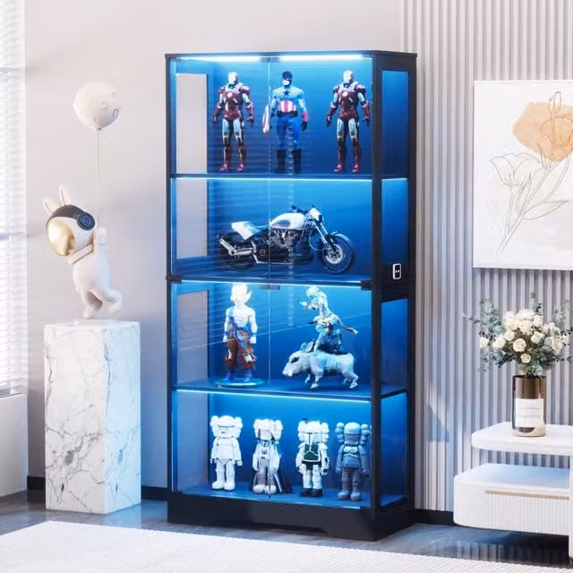Vetrina moderna OKWISH in nero con sportelli in vetro, illuminazione integrata e ripiani interni per soggiorno o camera da letto, L: 80 cm, P: 35 cm, H: 165 cm
