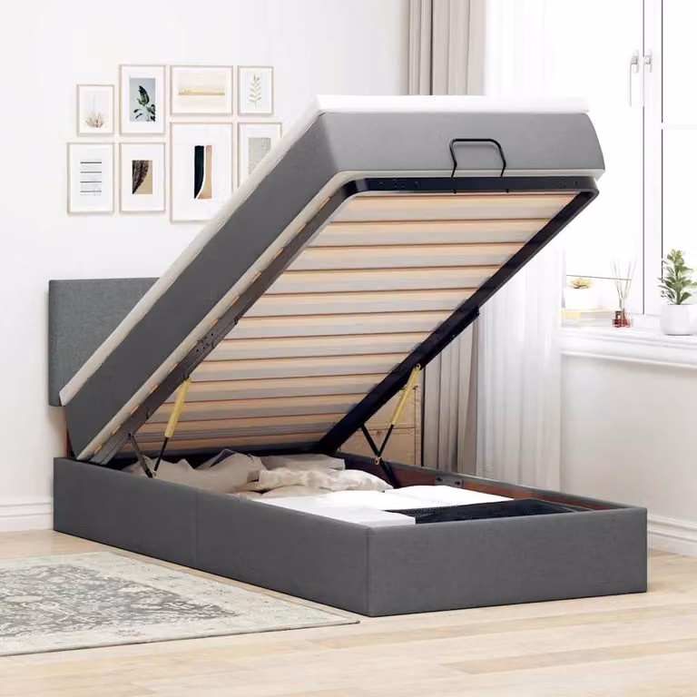 vidaXL Struttura Letto con Materasso e Contenitore a Sollevamento, Tessuto Grigio e Bianco, L/P/H: 90 x 190 x 45 cm