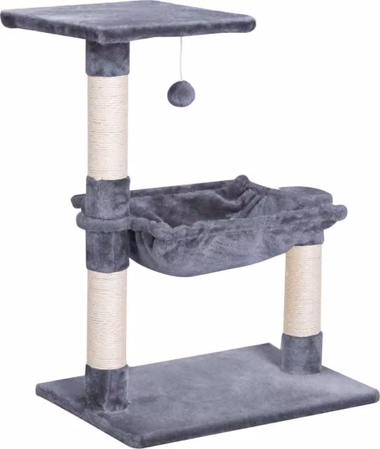 Tiragraffi per gatti multilivello PawHut con amaca, in legno e peluche, Grigio, L 36 x P 36 x H 70 cm