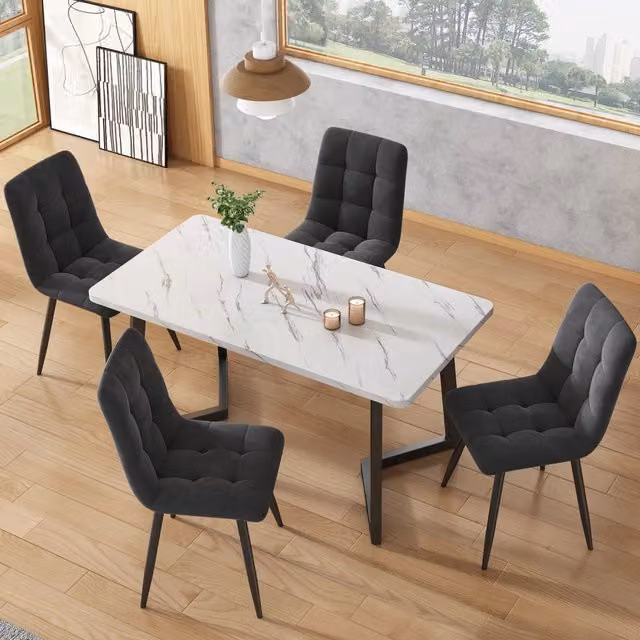 Set tavolo da pranzo rettangolare Mivray con 4 sedie, piano in MDF laminato con decoro astratto e gambe in metallo, colori grigio, bianco e nero, L: 117 cm, P: 68 cm, H: 75 cm