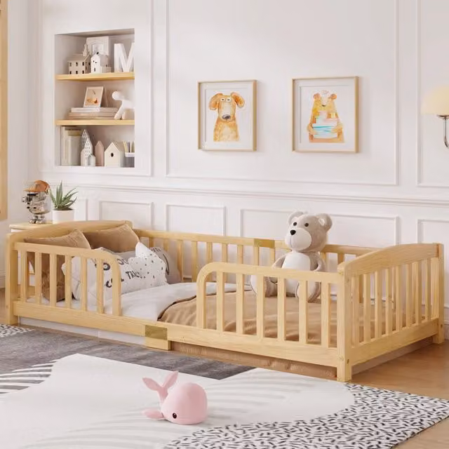 Letto per bambini OKWISH in legno di pino naturale con barriere di sicurezza, L/P/H: 200 x 90 x 45,7 cm