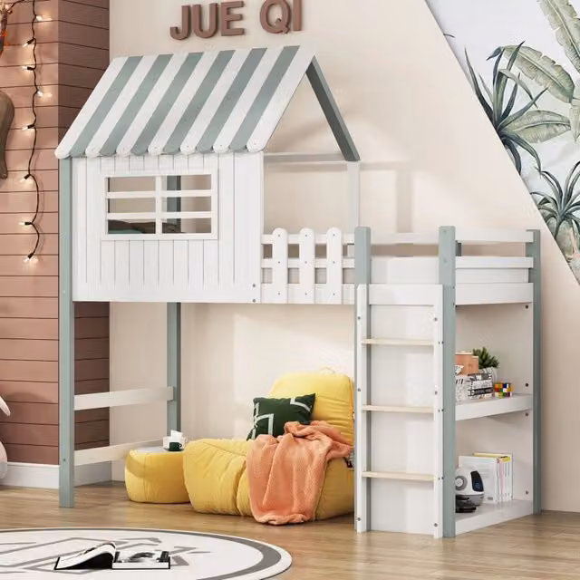 Letto a casetta per bambini Chicfurn in legno massiccio con scala e ripiani, colore verde e bianco, L/P/H: 200 x 90 x 218,5 cm