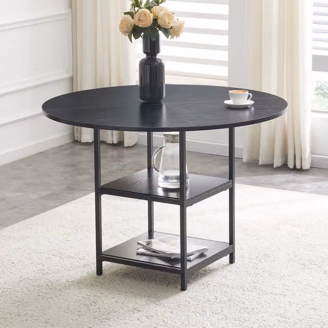 Tavolo da pranzo rotondo OKWISH in stile industrial con ripiani, in MDF e metallo, nero, Diametro: 107 cm, Altezza: 75 cm