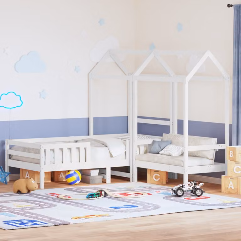 vidaXL Giroletto per bambini con panca e tetto in legno di pino bianco L: 200 cm, P: 80 cm, H: 205,5 cm