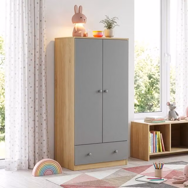Armadio Beldinupp en.casa per cameretta con 2 ante e cassetto, Effetto Rovere e Grigio, H 123 x L 60 x P 40 cm
