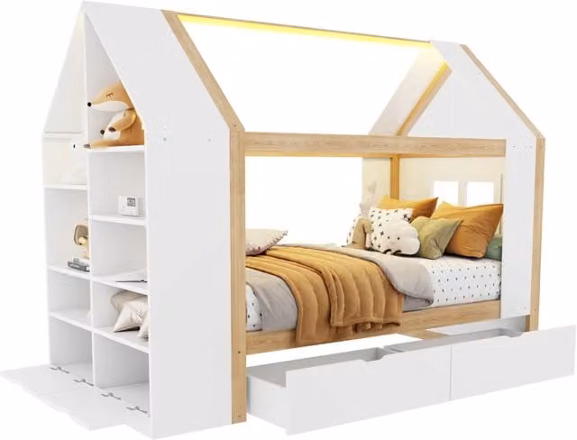 Letto per bambini Tynqer in legno e MDF con illuminazione LED e cassetti, colore bianco, L/P/H: 200 x 90 x 70 cm