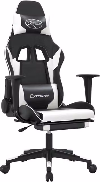 Sedia da Gaming Sportiva con Poggiapiedi e Riposatesta in Similpelle, Nero e Bianco