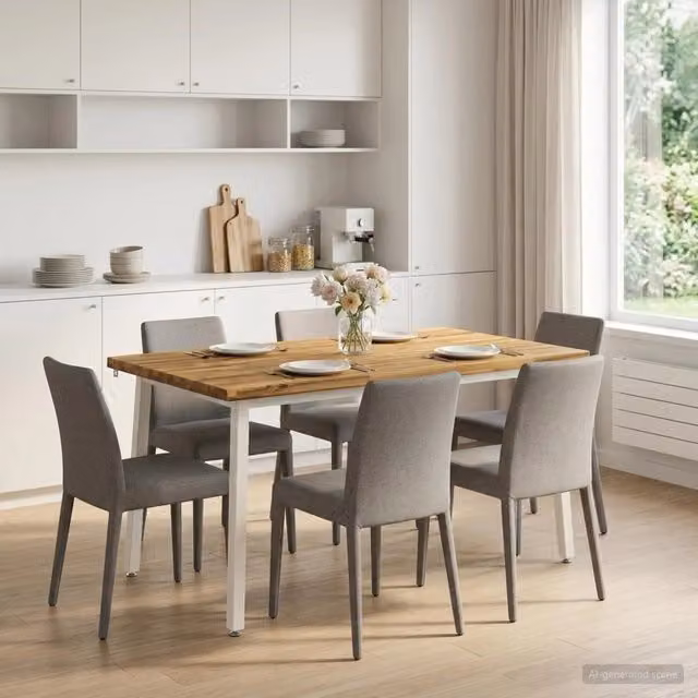 Tavolo da pranzo moderno rettangolare vidaXL in legno di acacia con bordo vivo e struttura in metallo, Bianco, L: 140 cm, P: 90 cm, H: 75 cm