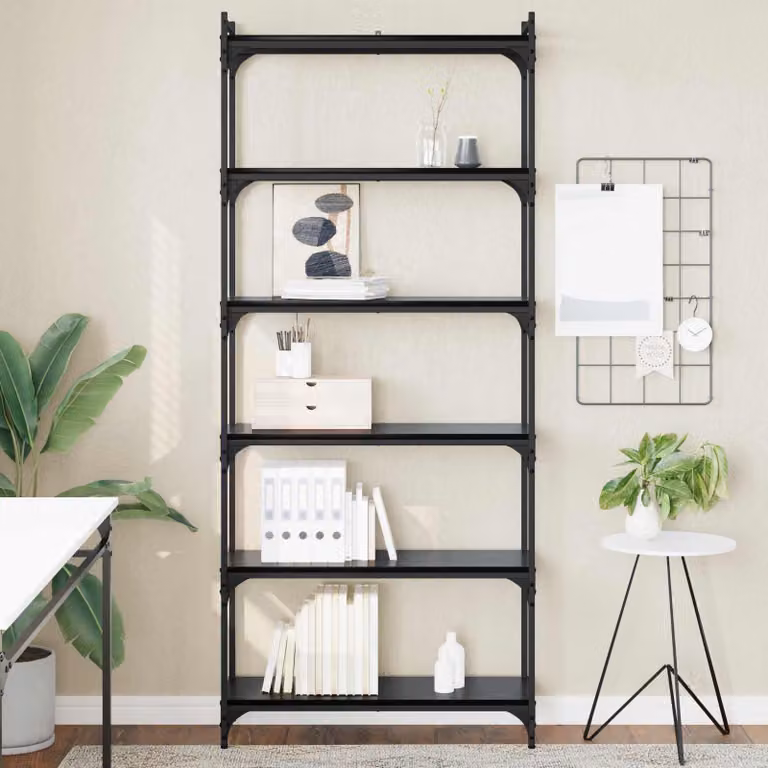Libreria moderna vidaXL a 6 livelli in metallo e MDF nero, L 80 cm x P 30 cm x H 188 cm