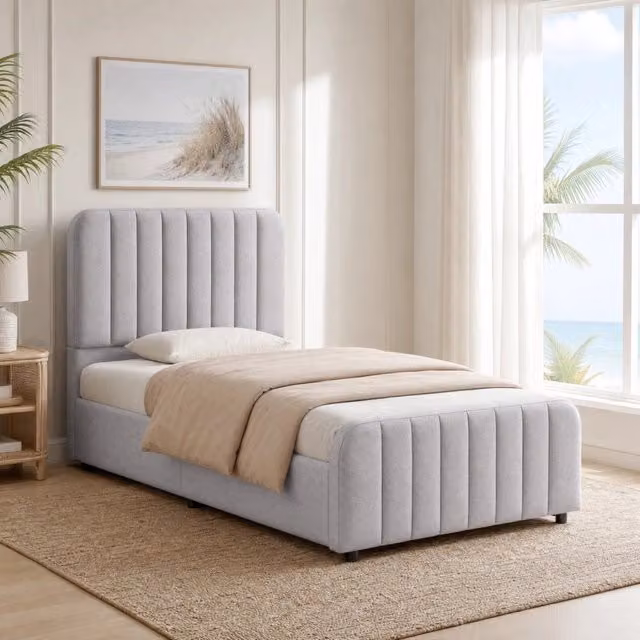 Letto singolo con contenitore Mivray con rete a doghe e testiera imbottita in tessuto grigio L/P: 90 x 200 cm