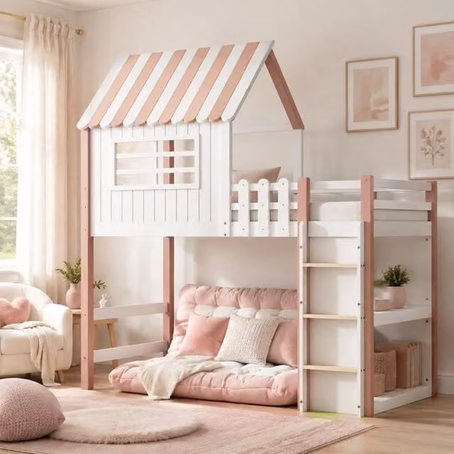 Letto a casetta Beaok per bambini in legno e MDF rosa L 200 x L 90 cm