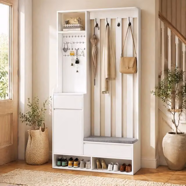 Set di mobili da ingresso MIVRAY bianco con panca imbottita, pannello forato, armadio, cassetto e 4 ganci, L: 180 cm, P: 35 cm, H: 100 cm