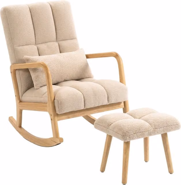 Poltrona a dondolo HOMCOM con poggiapiedi coordinato in tessuto bouclé beige, L: 64,5 cm, P: 82 cm, H: 89 cm