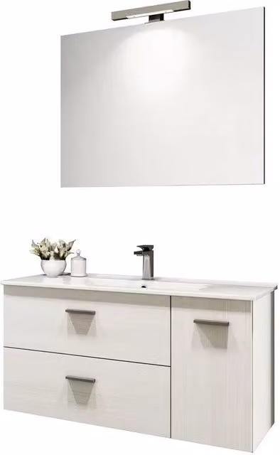 Mobile bagno sospeso serie Betty con lavabo e specchio in larice bianco L 91,5 cm x P 46 cm x H 55,5 cm