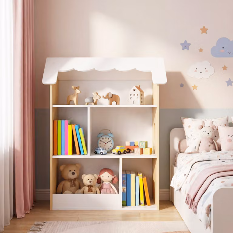 Libreria per bambini Costway a forma di casetta in legno bianco con 5 scomparti e pannello posteriore