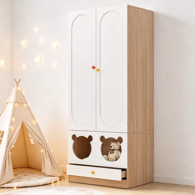 Armadio per camerata in stile scandinavo con 2 ante, asta appendiabiti e cassetti interni in MDF, bianco e beige, L: 80 cm, P: 50 cm, H: 200 cm